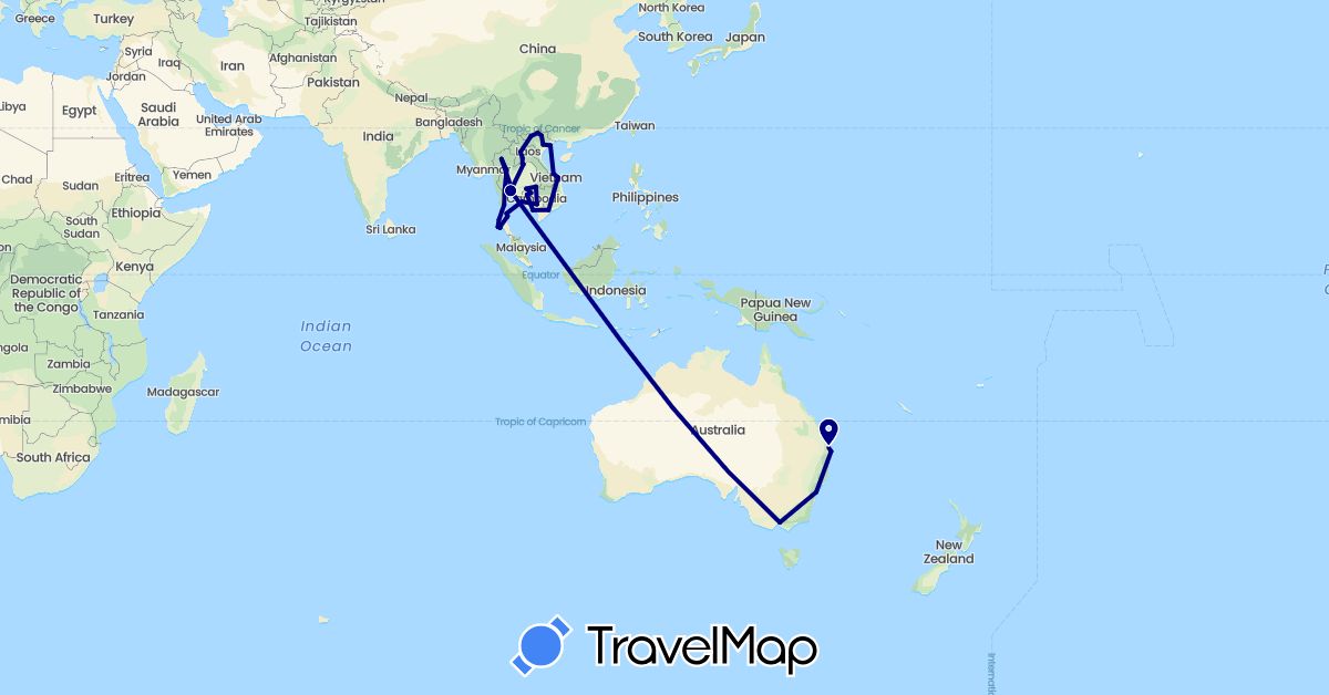 TravelMap itinerary: driving in Australia, Cambodia, Laos, Thailand, Vietnam (Asia, Oceania)